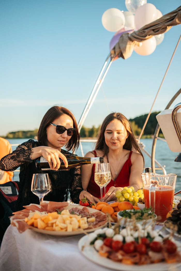 Home Women enjoying a yacht party with drinks and a variety of foods, creating a festive mood.